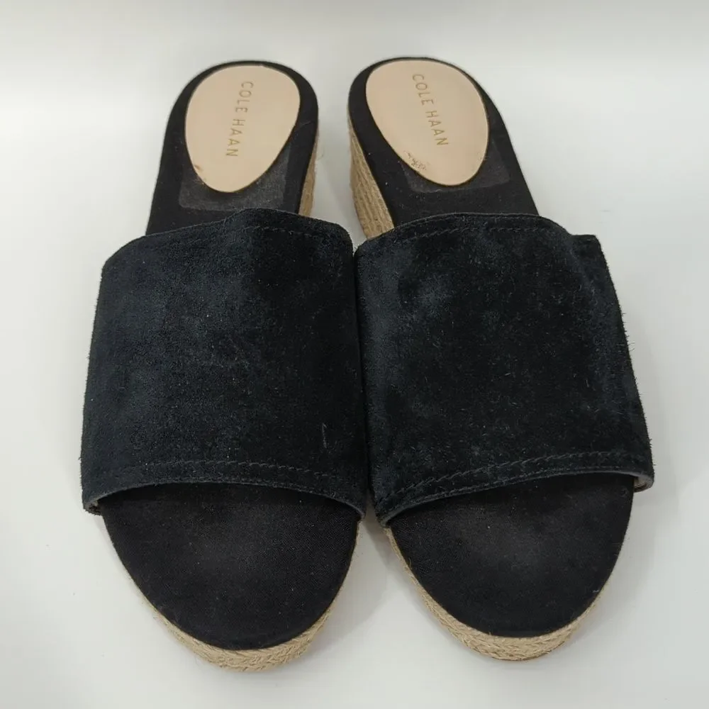 Cole Haan Giselle Espadrille Slide Sandals Black Suede Upper Woven High Heels 8B